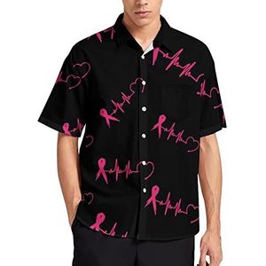 Borstkanker Heartbeat Roze Lint Hawaiiaanse Shirt Voor Mannen Zomer Strand Casual Korte Mouw Button Down Shirts met Pocket