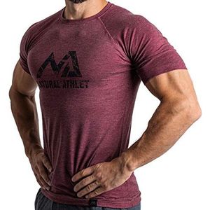 Natural Athlet Slim-Fit Fitness T-shirt voor heren, strak en lang sneldrogend sportshirt met korte mouwen, voor sport, gym, sportschool, workout, bodybuilding en krachttraining, bordeaux, M