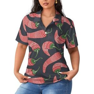 Rode Chili Patroon Dames Korte Mouw Poloshirts Casual Kraag T-shirts Golfshirts Sport Blouses Tops S