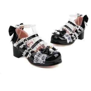 Schattige Lolita-schoenen voor dames met parels, veters, kant, enkelriem, lakleer, Mary Jane, platform, dikke hak, feeststrikpumps, zwart, 40 EU