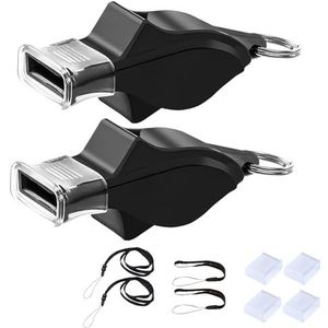 WOLMIK Sportfluitje - sportscheidsrechter coach fluitje, 2 stuks dolfijnvorm Pealess plastic fluitjes met 6 rubberen tandbeschermers en 4 lanyards voor basketbal, voetbal, spel - zwart