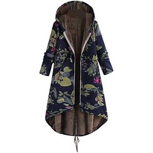 WOZOW Outwear Dames Winter Warm Bloemen Print Zakken met Capuchon Jassen Oversize Vintage Kimono Vest Blazer Winter Warme Tassen, Marinier, XXL