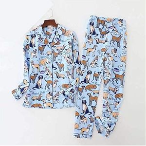 HAOHE Dames Heren Pyjama Hondenprint Geborsteld Katoen Pijama 2 Stuks Set Lange Mouwen Elastische Taille Broek Lounge Nachtkleding Pyjama (Color : Blue for women, Size : Large)