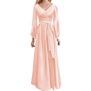 Prinses Bruidsmeisje Jurken Lange Mouw Galajurken V-hals Satijn Formele Avondfeest Maxi Jurk ZM200, roze, 32