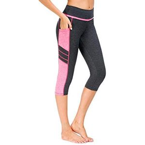 Flatik Sportlegging voor dames, met zakken, ondoorzichtig, yogabroek, sportbroek, leggings, fitnessbroek, sportbroek, training, hardloopleggings, Grijs roze (3/4 capri), XL