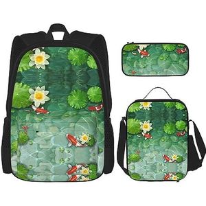 DEXNEL Grote capaciteit Italiaanse oude straat rugzak lunchtas etui combinatie 3-delige set, voor middelbare school, Japanse karper, Eén maat