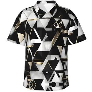 ERSDWRE Mode Moderne Zwart Wit Goud Driehoek Print Mannen Korte Mouw Button-Down Shirts Casual Zomer Strand Shirts Hawaii Shirt voor Mannen, Zwart, S