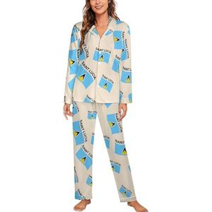 Vlag van Saint Lucia dames lange mouw button down nachtkleding zachte nachtkleding lounge pyjama set 2XL