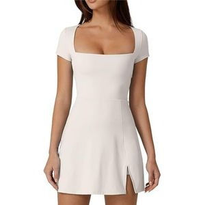 NAMLAY Dames 2024 Side Slit Golf Atletische Jurk Vierkante Hals Tennis Jurk Flare Workout Jurk, Wit, S