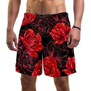 Heren zwemshort met zakken Esthetische rode rozen sneldrogende strand korte broek met mesh voering voor de zomer, Meerkleurig, XL