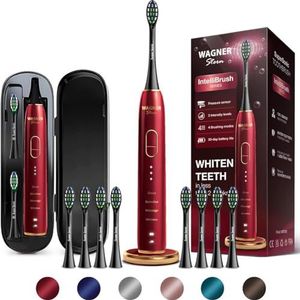 Wagner Stern IntelliBrush Series Whitening elektrische tandenborstel met druksensor. Biedt 4 poetsmodi, 3 intensiteiten, 8 zachte opzetborstels en een luxe reiskoffer. (Red)