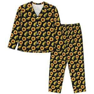 WURTON Zonnebloem Bloemen Planten Zwart En Geel Print Betaalbare Vrouwen Lange Mouwen Elegante Bedtijd Kleding Pyjama Set Duurzaam Slaap