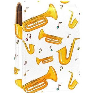 Lippenstift Hoesje met Spiegel Gouden Saxofoon Muzikale Noten Patroon Lip Gloss Houder Draagbare Lippenstift Opbergdoos Reizen Make-up Tas Mini Lederen Cosmetische Pouch Houdt 3 Lippen