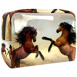 Bruine Twee Paarden Battle Print Reizen Cosmetische Tas voor Vrouwen en Meisjes, Kleine Waterdichte Make-up Tas Rits Pouch Toiletry Organizer, Meerkleurig, 18.5x7.5x13cm/7.3x3x5.1in, Modieus