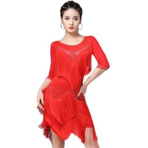 Yhsgscr Dames Latin Dansjurken met middellange mouwen Cha Cha Danskleding met kwastjes Danskleding voor rumba en samba Met strass Ronde hals Ballroomkleding,Rood,3XL