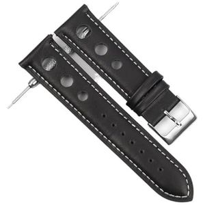 LUGEMA Echt Leer Handgemaakte Vintage Polsband Horlogebandje Riem 18mm 20mm 22mm Mannen Horlogeband Holle Ademende Zwarte Horlogeband (Color : Black-White Wire, Size : 22mm)