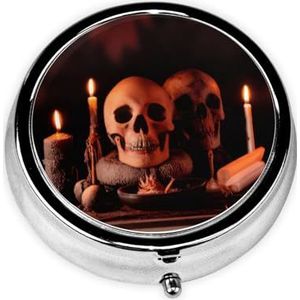 Ronde pillendoos, gotische behangschedel - 3-vaks medicijnpillenetui, waterdicht, zakpillenorganisator, draagbaar, voor zak- of portemonnee, pillendozen