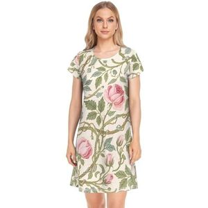 Nexawaveo Roses Groen Beige Dames Nachtjaponnen Nachtkleding Slaap Shirt Korte Mouw Nachtshirts S-XXL, Rozen Groen Beige, S