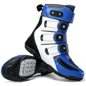 Mannen en vrouwen grote maat draaibare gesp high-top motorschoenen anti-val motorschoenen outdoor rijlaarzen motorfiets reisuitrusting, Wit Blauw, 39.5 EU