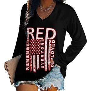 Remember Everyone Deployed Red Friday Casual T-shirts met lange mouwen voor dames V-hals bedrukte grafische blouses Tee Tops 3XL