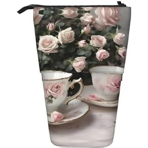 Nbtghga Theekopjes met rozen romantische shabby print potlood telescopische klassieke kunst stand up etui organisator potlood houder make-up tas cadeau, Zwart, Eén maat