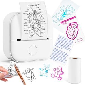 Draagbare Mini Printer Sticker – T02 zakprinter met 1 rollen papier, compatibel met telefoon en tablet, bluetooth pocket printer voor Leren, Studie-aantekeningen, Anatomische Diagram, Foto's, wit