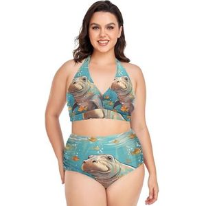 Sprookje Hippopotamus Hippo Vissen Vrouwen Bikini Sets Plus Size Badpak Twee Stukken Hoge Taille Strandkleding Meisjes Badpakken, Pop Mode, XL