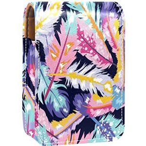 Lippenstift Hoesje met Spiegel Aquarel Roze Paars Bue Boho Veren Lip Gloss Houder Draagbare Lippenstift Opbergdoos Reizen Make-up Tas Mini Lederen Cosmetische Pouch Houdt 3 Lippenstift
