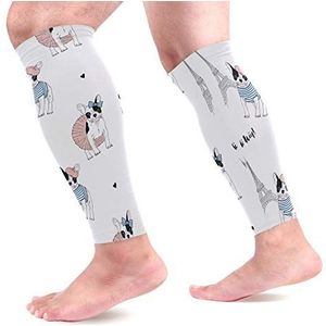 EZIOLY Franse Bulldog Paris Eiffeltoren Sport Kalf Compressie Mouwen Been Compressie Sokken Kalf Guard voor hardlopen, Fietsen, Moederschap, Reizen, Verpleegkundigen