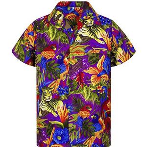 V.H.O. Funky hawaïhemd voor heren, korte mouwen, borstzak, met hawaïprint, jungle, dieren, bloemen, Jungle Violet, XL