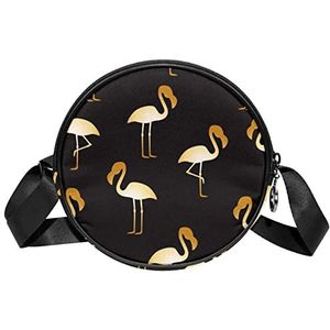 Ronde Crossbody Tas Messenger Bag Purse voor Vrouwen Gouden Flamingo op Zwarte Bbackground, Meerkleurig, 6.7x6.7x2.3 in, Sling Rugzakken