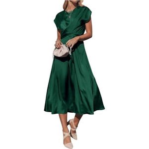 Midi-jurk met Ronde Hals, Satijnen Ruches, Elastische Hoge Taille Bruiloftsfeestjurken(Color:Dark green,Size:XL)