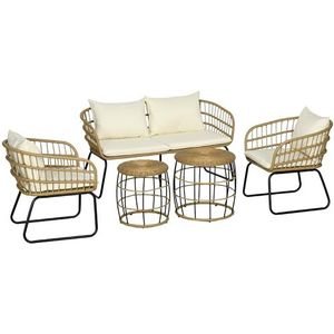 Outsunny 5-delige Rattan Tuinmeubelset - Loungeset met Kussens, Tuinset met 2 Salontafels, 2 Stoelen, 1 Tweezitsbank, Zitgroep voor Tuin, Terras, Staal, Beige