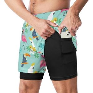 Tropisch patroon met exotische vogels grappige zwembroek met compressie voering en zak voor mannen board zwemmen sport shorts
