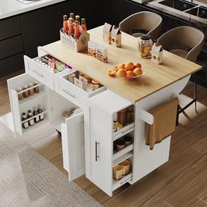 Mobiel Keukeneiland 131.8x40x93.3cm - Uitschuifbaar Aanrecht - Met USB Met Afvalbak En Multifunctionele Opbergruimte Zwart