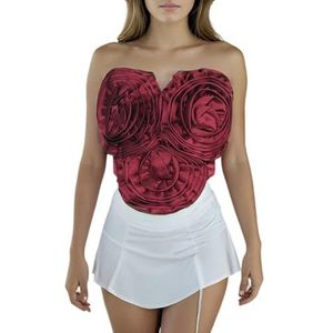 CakfLjkhl 3D Flower Bandeau Top voor dames Strapless Mouwloos Slim Fit Y2k Uitgaan Cropped Tube Tops,Rood,L