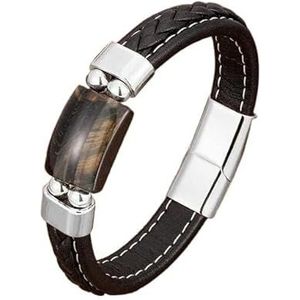 LyZap lederen armband man, natuurlijke tijgeroog steen armband voor heren geometrische vorm natuursteen zwart gevlochten lederen armbanden geschenken (kleur: blauwe staaf oogzilver, maat: 23 cm)