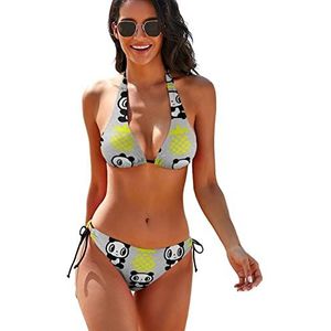 Panda Pineapple 2-delige bikiniset voor dames, driehoekig badpak, halterstring, badpakken met strikje, S