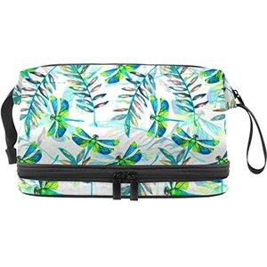 Dubbele Laag Cosmetische Tas Mooie Groene Dragonfly Draagbare Make-up Tas Travel Organizer Pouch voor Vrouwen Meisjes Toiletartikelen Tassen, Meerkleurig, 27x15x14 cm/10.6x5.9x5.5 in, Make-up zakje