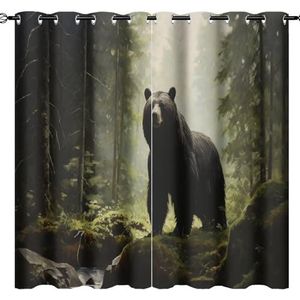 AEMYSKA Rustieke zwarte beer verduisterende gordijnen voor woonkamer moderne mistige bos natuur dier raambehandeling thermisch geïsoleerde gordijnen voor slaapkamer 63 x 63 inch print doorvoertule