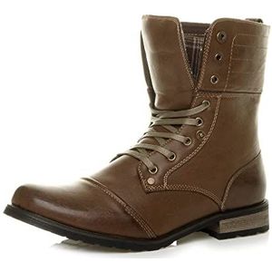 AJVANI Heren vetersluiting lage hak platte gewatteerde manchet biker militaire combat leger enkellaarzen schoenen maat, Bruin, 40.5 EU