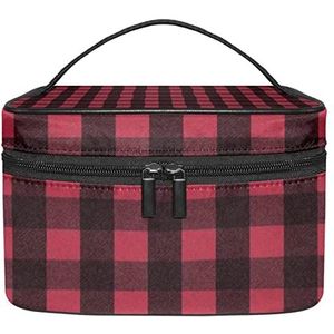 Zwart Rood Vierkant Plaid Patroon Make-up Organizer Bag, Reizen Make-up Tas Organizer Case Draagbare Cosmetische Tas voor Vrouwen en Meisjes Toiletartikelen, Meerkleurig, 22.5x15x13.8cm/8.9x5.9x5.4in