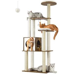 Feandrea Krabpaal voor katten, moderne kattentoren, kattenwoning met 5 krabpalen, wasbare afneembare kussens, zitstang, kattenmand, kattenmeubel voor huiskatten, 165 cm hoog, vintagebruin PCT166X01