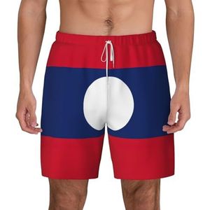 EdWal Vlag van Laos Print dubbellaags strandshort,Zwembroeken voor heren Sneldrogende zwemshorts Board Shorts, Wit, XXL