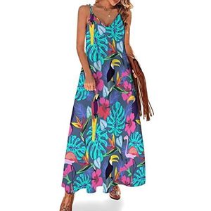 Toekan papegaai met bloemen dames zomer maxi-jurk V-hals mouwloze spaghettibandjes lange jurk
