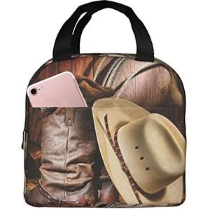 JYQCNSMJYB2 Cowboy zwarte hoed westernlaarzen print geïsoleerde lunchbox voor dames en heren, lichte duurzame draagtas voor kantoor, werk, school