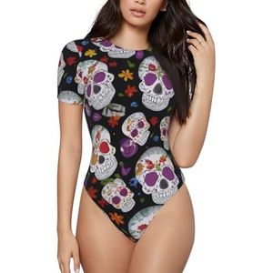 KHDKLXOHZ 3D-kleuren schedels damesbodysuits - shapewear met korte mouwen, ronde hals, rekbare basic T-shirt tops, casual slanke comfortabele pasvorm turnpak-onesie, 3d, S