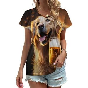 Golden Retriever Hond En Bier Dames V-hals T-shirts Leuke Grafische Korte Mouw Casual Tee Tops 4XL