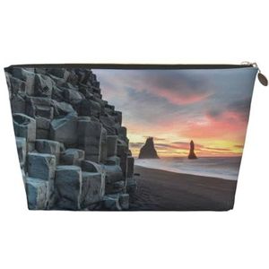 FZGGWYHL Sunrise on Reynisfjara Beach bedrukt lederen reizen toilettas rits cosmetische tas reizen organisator, Goud, Eén maat