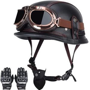 POICON Duitse Lederen Motorfiets Halve Helm Retro Halve Shell Helm JetHelm met Vizier Snelsluiting Gesp voor Cruiser Chopper Biker Moped ECE-Goedkeuring 55-65 cm (Kleur: F1, Maat: XXL (61 ~ 62 cm))